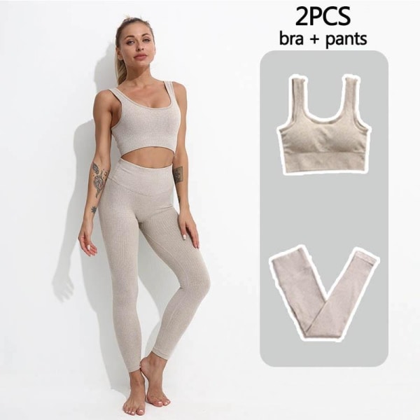 Set Fitness Toppar och Leggings Sportdräkter för kvinnor BraPants Khaki S