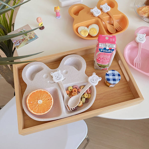 Bordservis i vetestrå för barn, sött björn-bestickset med gaffel, sked, barntallrik, biologiskt nedbrytbar, lära-äta-servis Beige