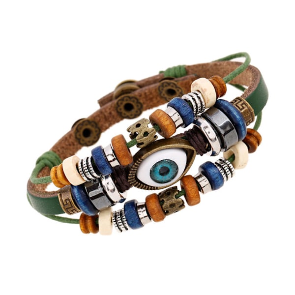 Populär Ornament Nytt Pärlbroderade Ögon Nötskinn Armband Utdragbart Justerbart Par Läderarmband Green snap button