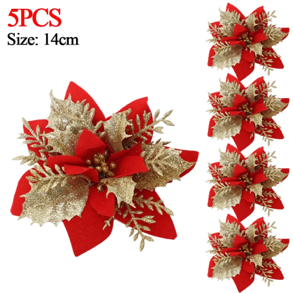 5/10 kpl 14 cm Glitteri Joulutähti Joulu Keinotekoiset Kukat Klipseillä DIY Joulukuusen Koristeet Seppele Takka Koristeet Gold (5pcs)