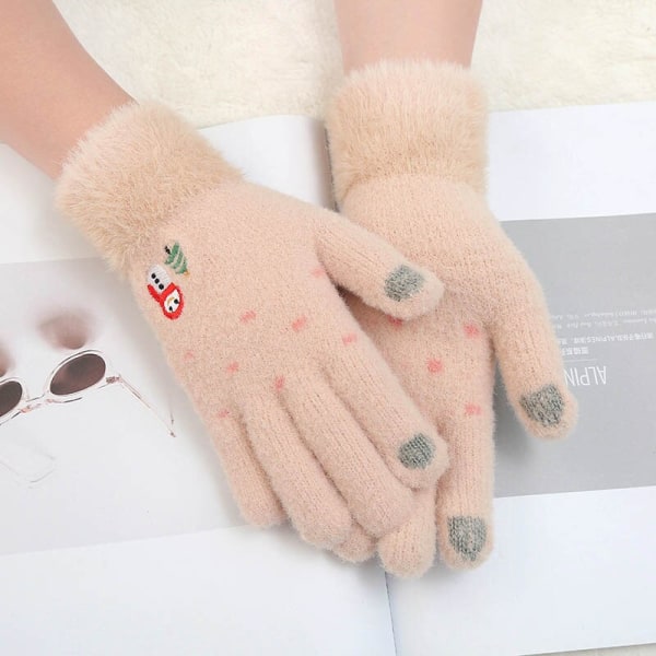 Dam Vinter Varma Handskar Snögubbe Broderi Virkad Yllehandske Pekskärm Mjuka Pälsiga Helfinger Vantar Julklappar A Beige One Size