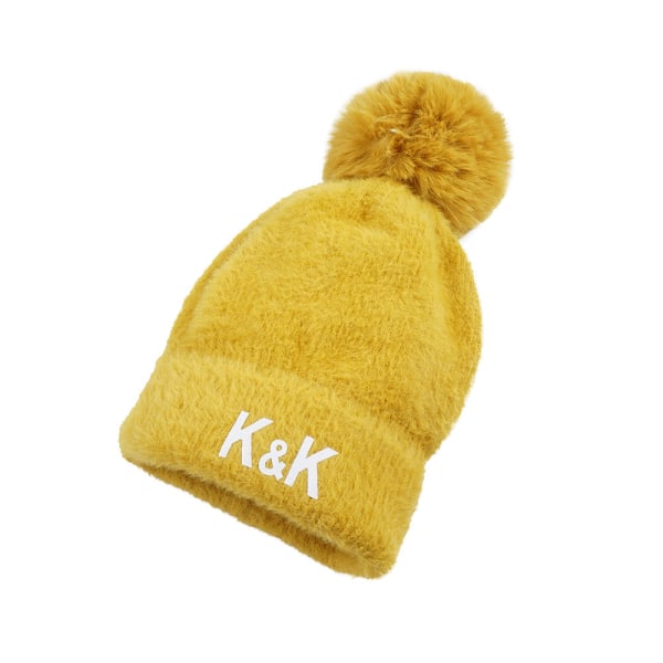 2023 Mössa Kvinna Vinter Varm Koreansk Stickad Varm Stor Päls Ball All-Match cap Student Casual Hörselkåpor Hatt Yellow Adult (55 -- 58cm)