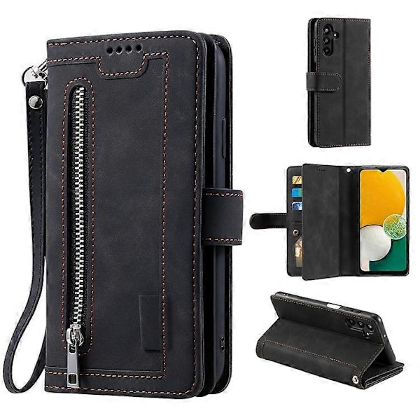 Kompatibelt för Samsung Galaxy A26 5G Fodral PU Läder Telefonfodral med Dragkedja Plånbok 9 Kortplatser Black