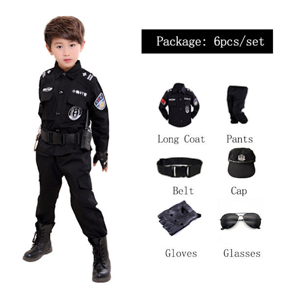 Poliskostymer för barn Halloweenfest Karneval Polisuniform 110-160cm Pojkar Armé Poliser Cosplay Klädset Set6 150CM