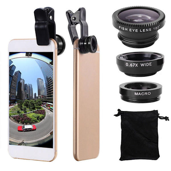Mobiltelefon Extern Lins Fisheye Vidvinkel Makro Glaslins 3-i-1 Lins Black