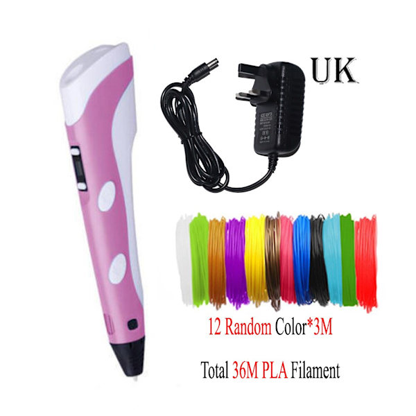 Dikale 3D-penna LED-skärm DIY 3D-utskriftspenna PLA-filament Kreativ leksakspresent för barn Designritning 3D-skrivarpenna Ritstift PLA Filament Pink UK 3Mx12