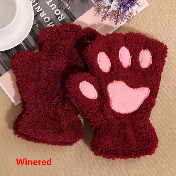 1 par Kvinder Piger Dejlige Vinter Varme Fingerløse Handsker Fluffy Bjørn Kat Plys Pote Klo Halv Finger Handsker Vante Ny wine red One Size