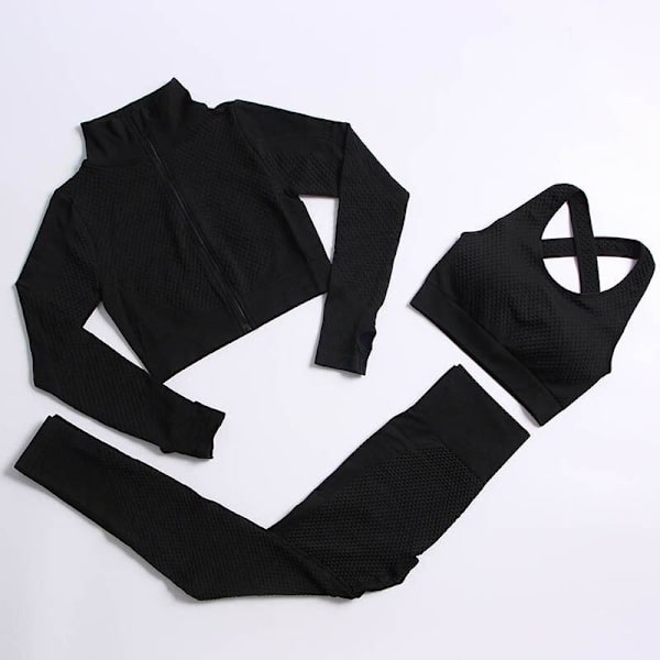 Yoga Set Träningskläder gym fitness för damer träningsdräkt 3 Pcs set black M
