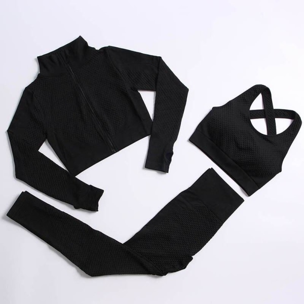 Yoga Set Workout gym kläder fitness för träningsoverall för kvinnor 3 Pcs set black M