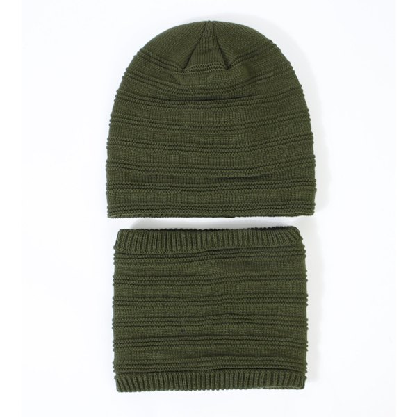 Hatt- och halsduksset för män och kvinnor, höst och vinter, nytt utomhus, köldtåligt, varmt med sammetstickad hatt och halsduk, 2-delat set Army Green