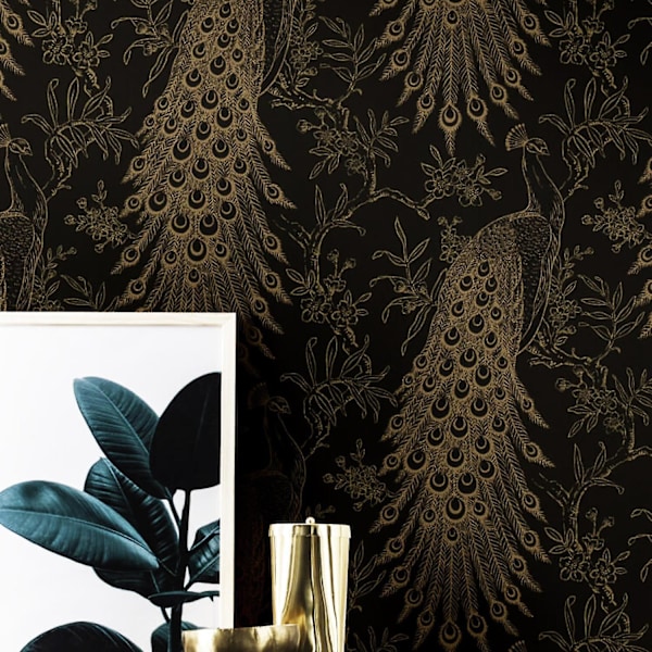 Pandore Påfågel Tapet Svart Kol Guld Metallic Texturerad Fåglar Exotisk
