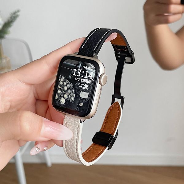 Kellon ranneke Apple Watch iWatchille 1/2/3 sukupolvelle 38mm kellon ranneke litsikuvioisella magneettisoljella - musta ja maitomainen valkoinen