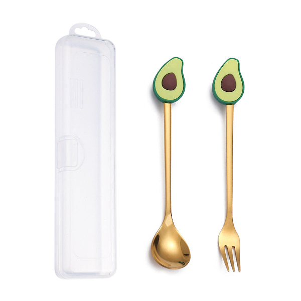Q Juldessert Gaffel-Sked Set Söt Docka Dessertsked Tecknad Bordsartiklar Fruktgaffel Portabel Kaffesked Avocado gold spoon Fork storage box