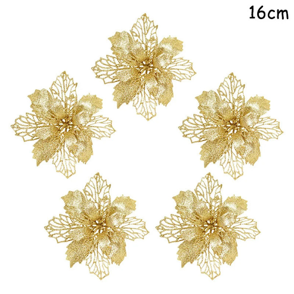 5 st Jul Röda Bär Konstgjord Blomma Tallkotte Gren Julgransdekorationer Ornament Presentförpackning Hem DIY Krans 5pcs gold flower6