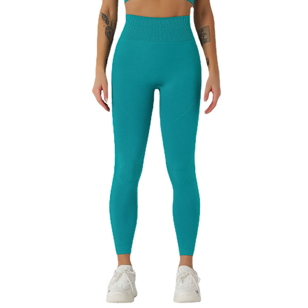 Sømløse Ensfarvede Åndbare Hurtigtørrende Fitness Bukser Høj Talje Fersken Hofte Løft Skinny Stretch Hofte Løft Yoga Bukser til Kvinder 6095 pants-peacock blue S