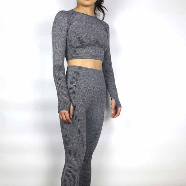 Set Gym Kläder Fitness Leggings+Cropped skjortor Sport Suit Dam blue gray M