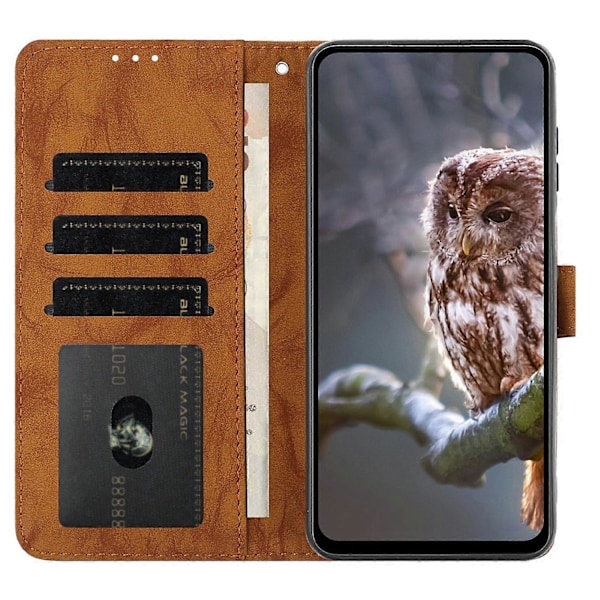 Fodral för Samsung Galaxy A16 4G 5G Uggla Präglat PU Läder Plånbok Telefonfodral med Handledsrem - Pur Brown