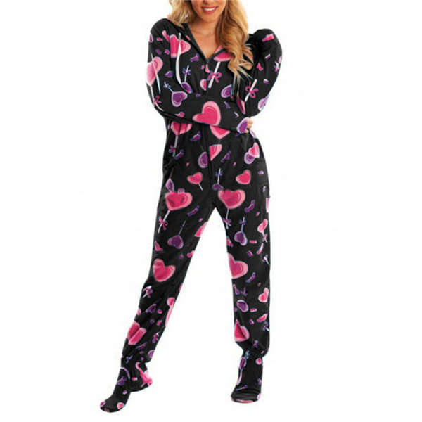 Dame Forår Efterår Hætte Jumpsuit Print Varm Langærmet Afslappet Løs Romper Dame Hjem Pyjamas Black S