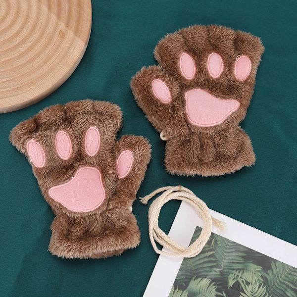 Kawaii Katt Handskar för Kvinnor Mode Flickor Katt Klo Tass Plysch Vantar Varma Mjuka Plysch Korta Fingerlösa Halvfinger Vinterhandskar Light Brown One Size