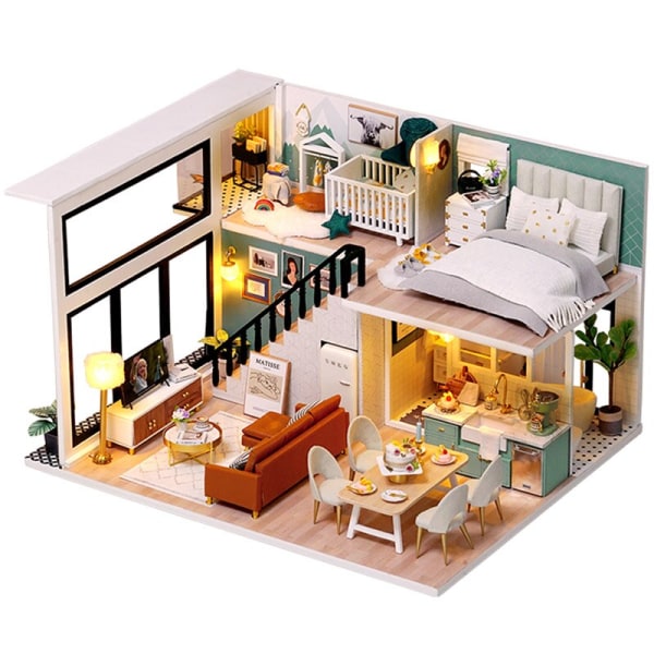 Cutebee DIY DollHouse Kit Trädockahus Miniatyrdockhus Möbelsats med LED-leksaker för barn Födelsedagspresent L32 M29A