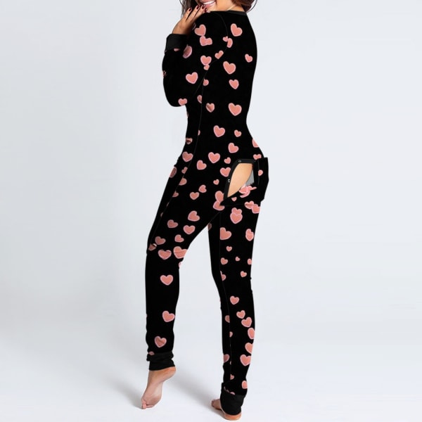 Dame Sexet Pyjamas Onesies Knaplukning Foran Funktionel Knap Flap Voksne Pyjamas V-hals Langærmet Jumpsuit Dame Nattøj RD M