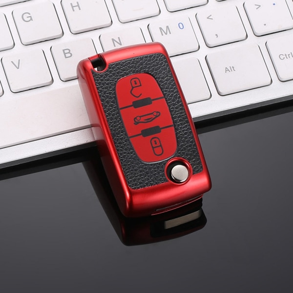 TPU Læder 2/3 Knapper Bil Fjernbetjening Nøgle Etui Cover til Citroen C2 C3 C4 C5 C6 C8 til Peugeot 107 207 307 307S 308 407 607 2button red