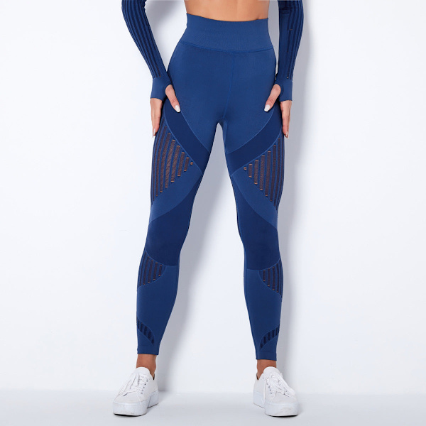 Europæiske og amerikanske sømløse strikkede sexede stiber fugttransporterende yogabukser sports løbe fitnessbukser til kvinder 6301 trousers-dark blue L