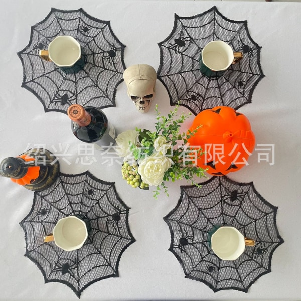 Halloween bordsduk Spider Web Öppen spis Handduk engångs svart spindelnät lampskärm Dekorativ bordslöpare Set E-meal pad 6-piece set diameter Black