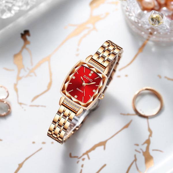 Quartz Vattentät Klocka Mode All-Match Solid Fint Stålbälte Icke-Mekanisk Klocka Liten Fyrkantig Klocka Rose gold Red Steel Belt