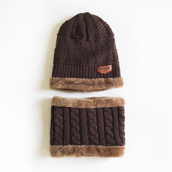Cat Brother Koreansk Høst og Vinter Herre Strikket Ullue Fleeceforet Fortykket Pullover [Lue Skjerf] Todelt Sett NC style (wine red)