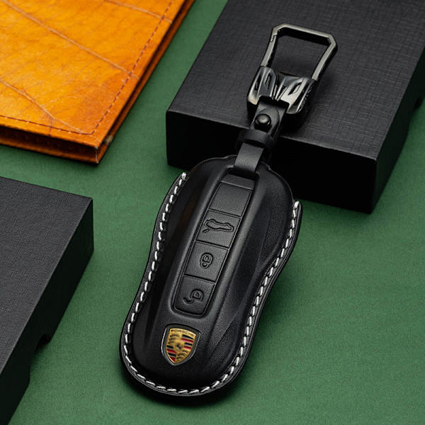 För Porsche Cayenne Taycan Nyckelskydd Panamera Macan718/911 Bilnyckel Skyddsskal Äkta Läder Väska Brown leather hanging buckle