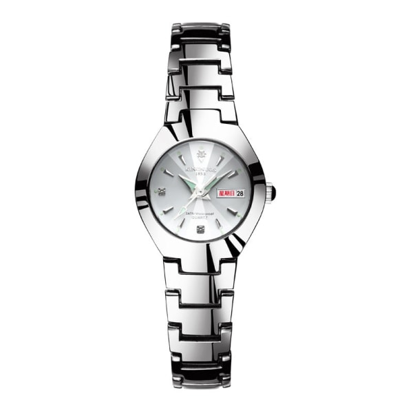 Automatisk Quartz Ikke-Mekanisk Wolfram Stål Farve Stålbånd Parur Lysende Kalender Herre og Dame Vandtæt Studenterur Silver Streak white plate Women's
