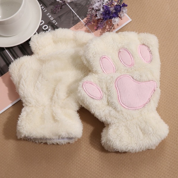 1 Par Kvinnor Flickor Härliga Vinter Varma Fingerless Handskar Fluffy Bear Cat Plysch Paw Claw Halv Finger Handskar Vante Ny White One Size