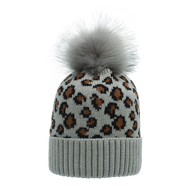 Efterår og Vinter Strikket Hue Dame Leopard Print Uld Strikket Hue Moderigtig Varm Stor Pelskvast Hue Rust red