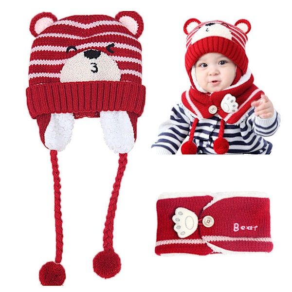 Unisex Barn Tecknad Björn Randiga Mössor och Halsduk Baby Mössa Set Flicka Pojke Mössa Halsduk Set Barn Vinter Öronmuffar Mössa Halsduk Varmt Set Red Hat Girth 46-50cm