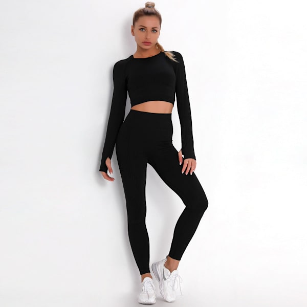 Eurooppalainen ja amerikkalainen pilkkujacquard saumaton urheilupuku pitkähihainen liukuvärjätty kuntojooga-asu kapeat joogahousut naisille 9149 long-sleeve suit-Black M