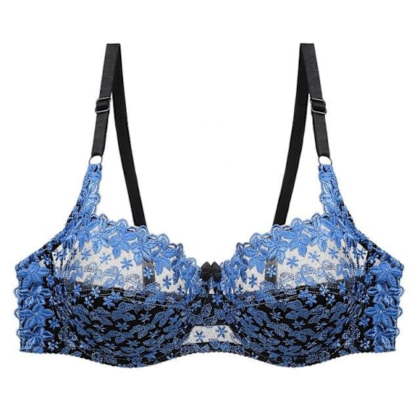 Sexig transparent BH med spetsbroderi för kvinnor, plus size behå, bralette, färgpatchwork-BH Blue 80C