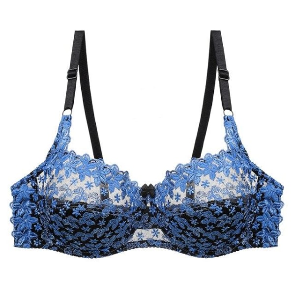 Sexig transparent BH med spetsbroderi för kvinnor, plus size behå, bralette, färgpatchwork-BH Blue 85D