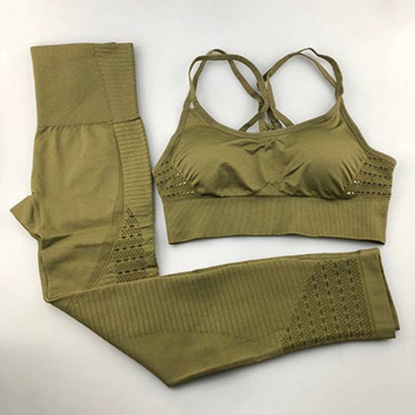 Yoga Sæt Dame Fitness Tøj Sportstøj Leggings Polstret Push-up BH army green S