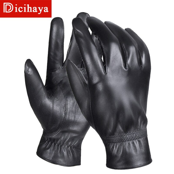 Män äkta fårskinnsläderhandskar Höst Vinter Högkvalitativ varm pekskärm Svarta handskar med full finger 6006 black M