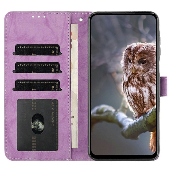 Fodral för Samsung Galaxy A16 4G 5G Uggla Präglat PU Läder Plånbok Telefonfodral med Handledsrem - Pur Purple