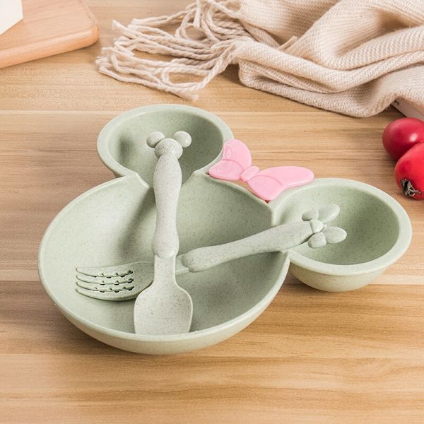 3 stk./sæt Baby Tegneserie Service Fad Hvede Skål Anti-varm Småbørn Børn Aftensmad Madning Mad Tallerken Børn Træningsskål Ske Gaffel Green Set