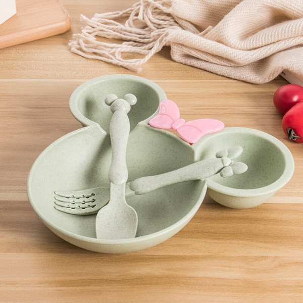 3 stk./sett Baby Tegneserie Servise Skål Hveteskål Anti-varm Småbarn Barn Middag Mating Mat Tallerken Barn Trening Skål Skje Gaffel Beige Set