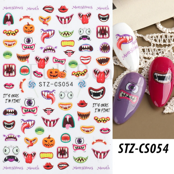 Söta Tecknade Dödskalle Nagelstickers Läskig Halloween Dekoration Spöke Fladdermus Ond Pumpa Sliders För Manikyr Blod Nageldekaler GLF886 STZ-CS054