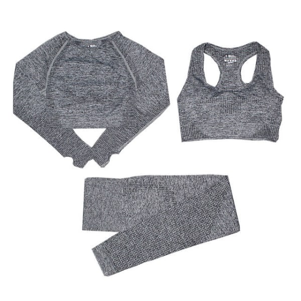 Set Gym Kläder Träningsoveraller Toppar och Leggings för Fitness Sport 3PCS Grey L