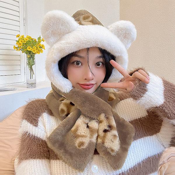 Talvinen Korealaistyylinen Söpö Karhuhattu Kolmiosainen Setti Paksu Tuulenpitävä Lämmin Huivi Kolmiosainen Setti Yksiosainen Hattu Bear khaki three-piece set