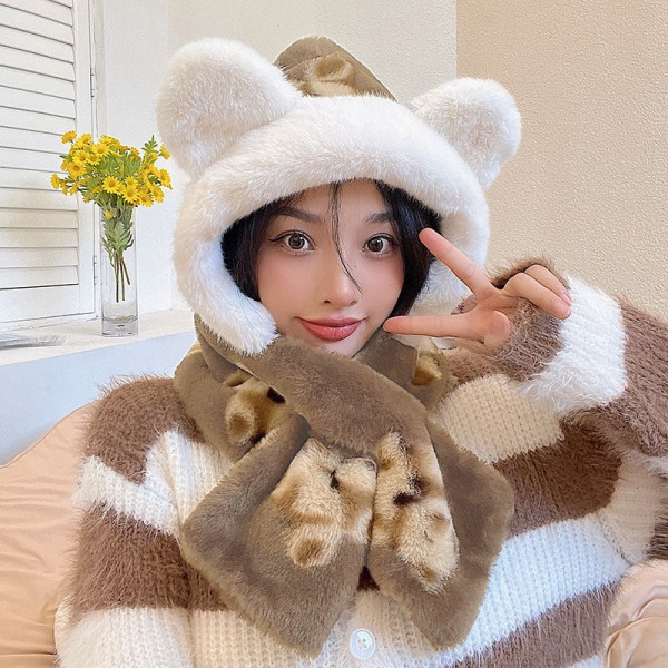 Vinter Koreansk Stil Söt Björn Mössa Tredelat Set Tjockt Vindtätt Varmt Halsduk Tredelat Set Hel Mössa Bear khaki two-piece set