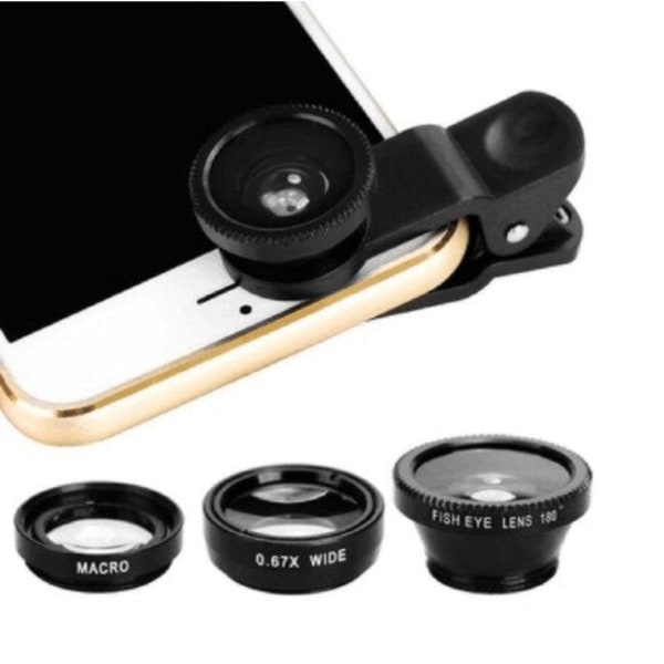 3 i 1 vidvinkelmakro Fisheye-objektivkamerasatser Mobiltelefon Fisheye-linser med klämma 0,67x för iPhone Samsung Alla mobiltelefoner Gold