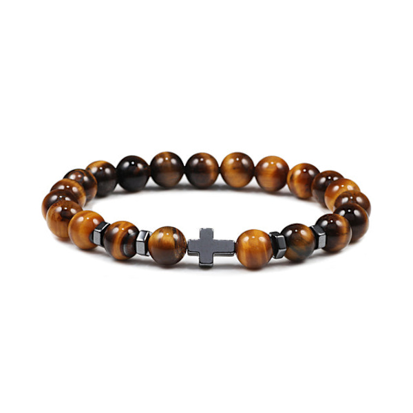 Herr Naturlig Lavasten Pärlarmband Hematit Kors Rosenkrans Meditation Bön Jesus Armband Dam Yoga Smycken Tiger Eyes