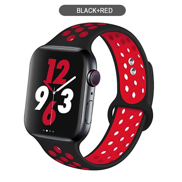 Silikoniranneke Apple Watch -rannekkeelle 44mm 40mm 38mm 42mm Hengittävä urheiluranneke iWatch serie 5 4 3 2 SE 6 -kellon ranneke Black red 42MM or 44MM-S M